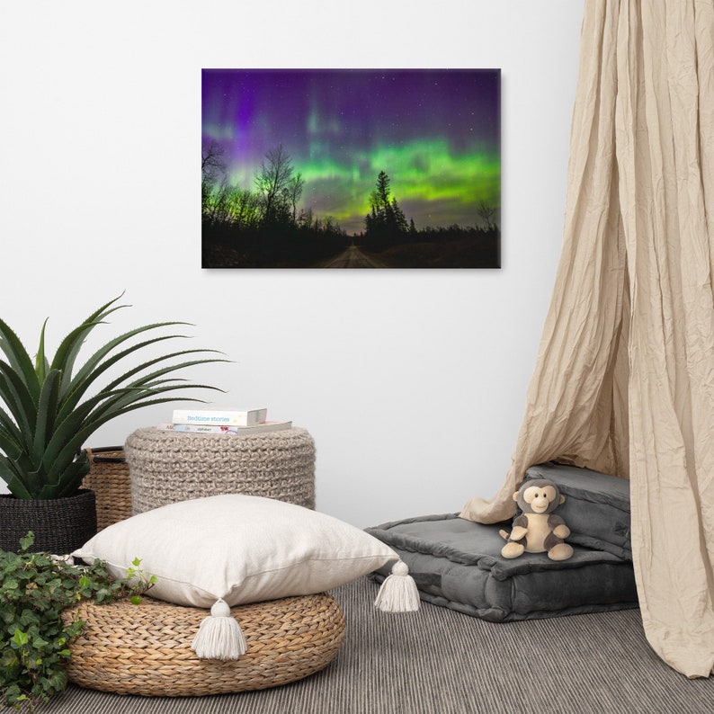 Northern Lights Canvas Print, Rustic Road & Pine Tree Silhouettes, Upper Peninsula Aurora Borealis Night Sky Art image 6