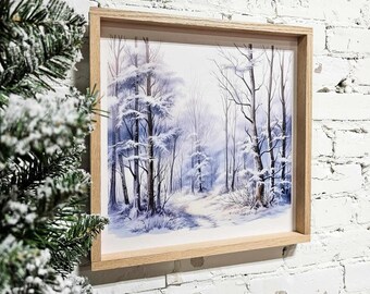 Winter Snowy Landscape Wall Art Hanging Sign, Snow Covered Trees, Trail, & Creek, Framed Canvas Wood Sign, Blue, Simple Minimal, Peaceful