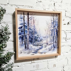 Winter Snowy Landscape Wall Art Hanging Sign, Snow Covered Trees, Trail, & Creek, Framed Canvas Wood Sign, Blue, Simple Minimal, Peaceful image 5