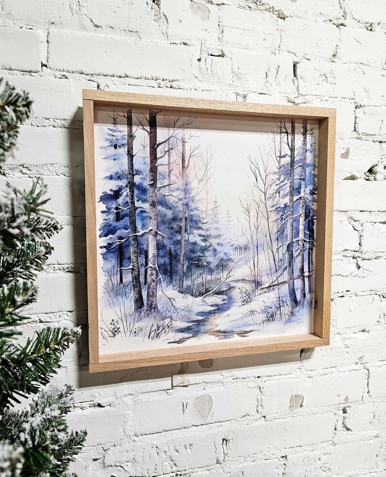 Winter Snowy Landscape Wall Art Hanging Sign, Snow Covered Trees, Trail, & Creek, Framed Canvas Wood Sign, Blue, Simple Minimal, Peaceful afbeelding 5