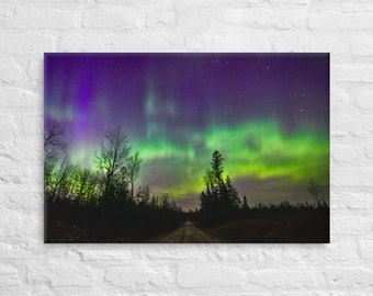 Northern Lights Canvas Print, Rustic Road & Pine Tree Silhouettes, Upper Peninsula Aurora Borealis Night Sky Art