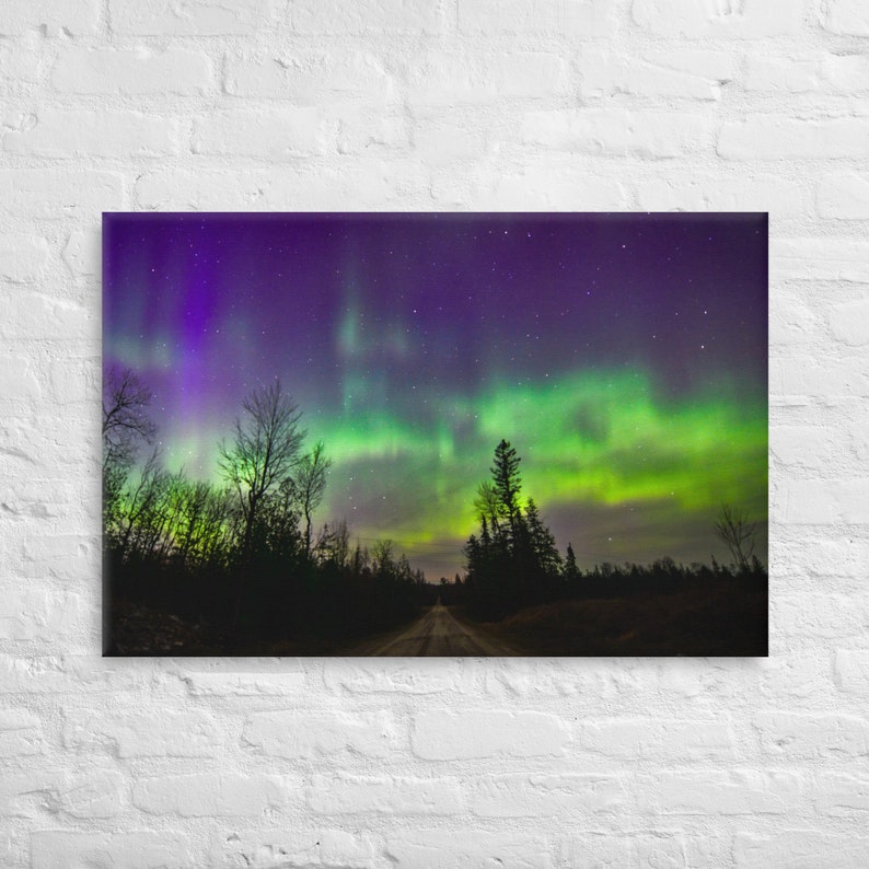 Northern Lights Canvas Print, Rustic Road & Pine Tree Silhouettes, Upper Peninsula Aurora Borealis Night Sky Art