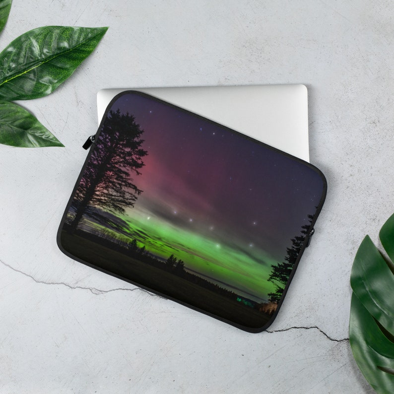 Northern Lights Laptop Case Sleeve - Big Dipper & Pine Tree Silhouette, Michigan Aurora Borealis Tech Cover