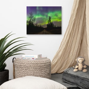 Northern Lights Canvas Print, Rustic Road & Pine Tree Silhouettes, Upper Peninsula Aurora Borealis Night Sky Art image 5