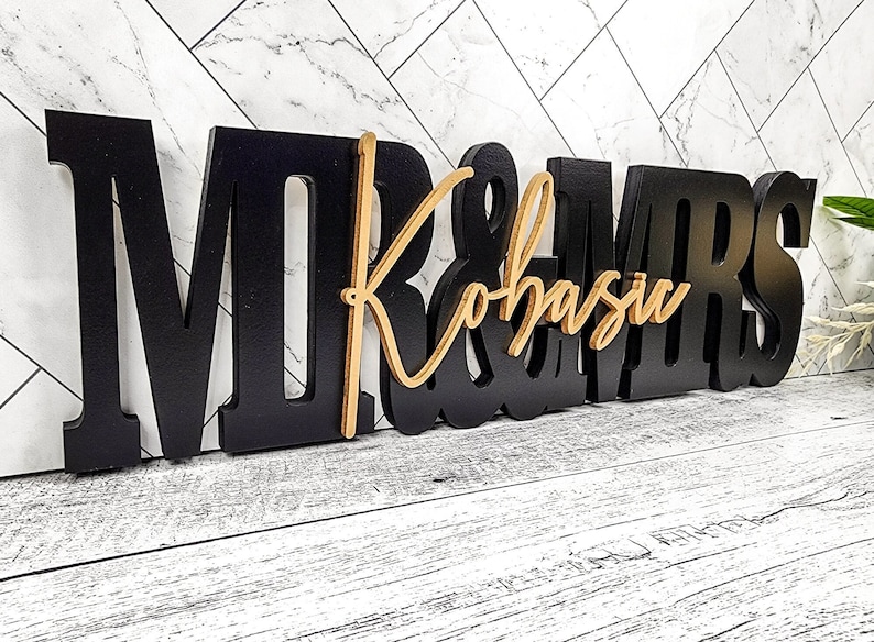 Custom Wedding Gift Sign Name, Personalized Family Name Wood Letters Mr Mrs, Sleek, Modern Sweetheart Head Table Decor, Photo Prop, newlywed image 1