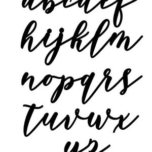 May include: A handwritten alphabet in a cursive font. The letters are black and are written in a flowing style.