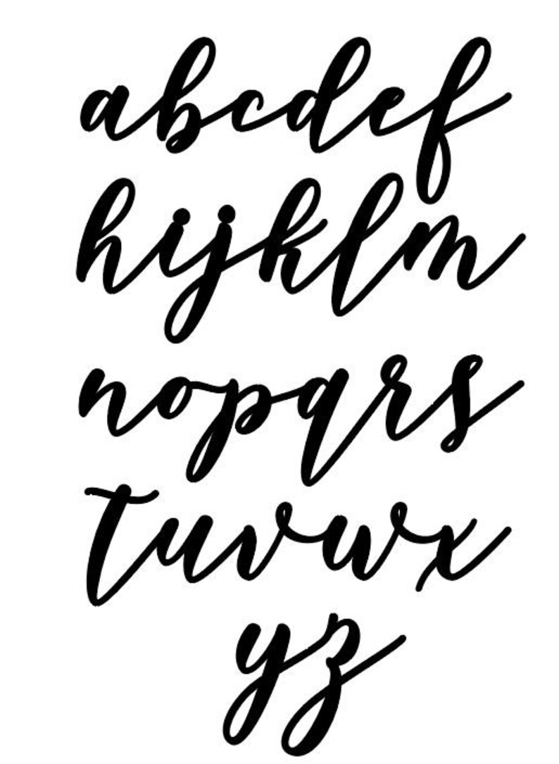 May include: A handwritten alphabet in a cursive font. The letters are black and are written in a flowing style.
