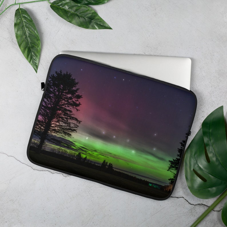 Northern Lights Laptop Case Sleeve - Big Dipper & Pine Tree Silhouette, Michigan Aurora Borealis Tech Cover