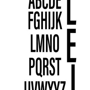 May include: Black and white alphabet letters in a bold font style. The letters are arranged in rows, with the letters A through J in the top row, L through O in the second row, P through T in the third row, and U through Z in the bottom row. The letters E and J are on the right side of the image, standing vertically.