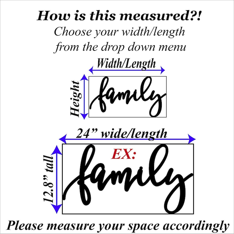 May include: A black and white "family" sign with a cursive font. The sign is 24 inches wide and 12.8 inches tall. The image shows how to measure the space for the sign.