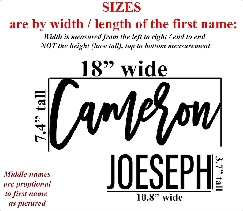May include: A graphic showing the sizing for personalized names. The first name "Cameron" is 18 inches wide and 7.4 inches tall. The second name "Joseph" is 10.8 inches wide and 3.7 inches tall.