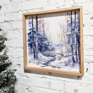 Winter Snowy Landscape Wall Art Hanging Sign, Snow Covered Trees, Trail, & Creek, Framed Canvas Wood Sign, Blue, Simple Minimal, Peaceful afbeelding 2