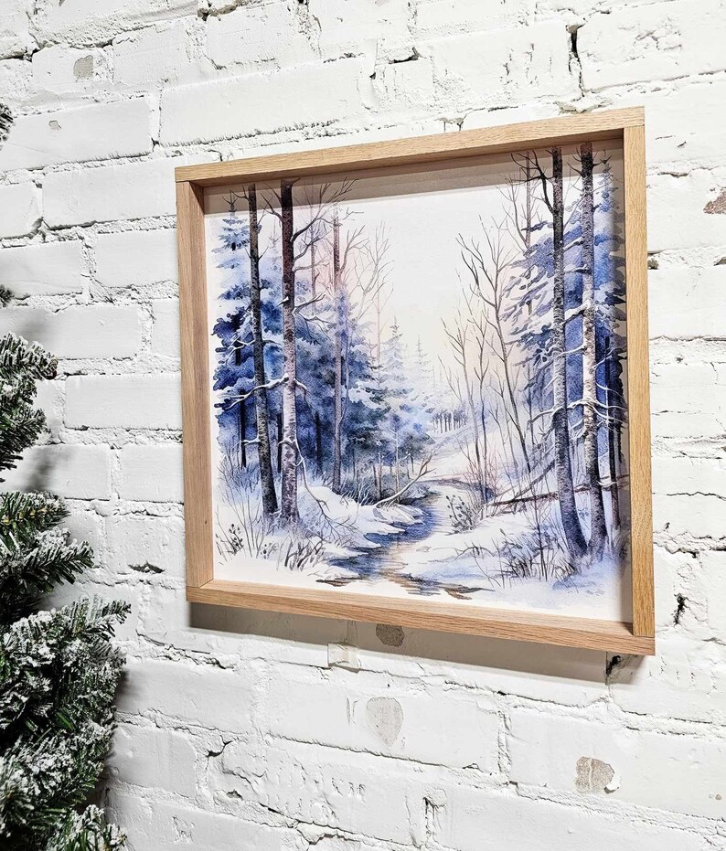 Winter Snowy Landscape Wall Art Hanging Sign, Snow Covered Trees, Trail, & Creek, Framed Canvas Wood Sign, Blue, Simple Minimal, Peaceful image 2