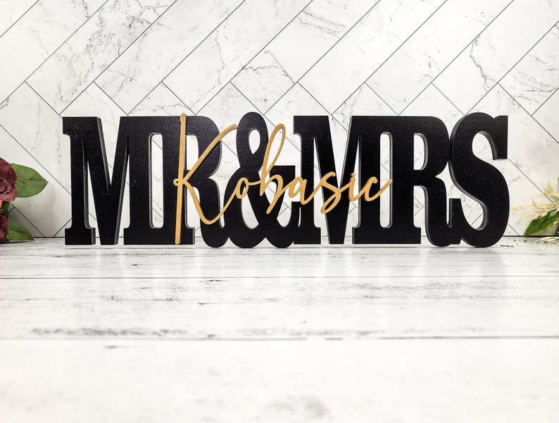 Custom Wedding Gift Sign Name, Personalized Family Name Wood Letters Mr Mrs, Sleek, Modern Sweetheart Head Table Decor, Photo Prop, newlywed image 4