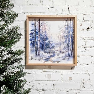 Winter Snowy Landscape Wall Art Hanging Sign, Snow Covered Trees, Trail, & Creek, Framed Canvas Wood Sign, Blue, Simple Minimal, Peaceful afbeelding 3