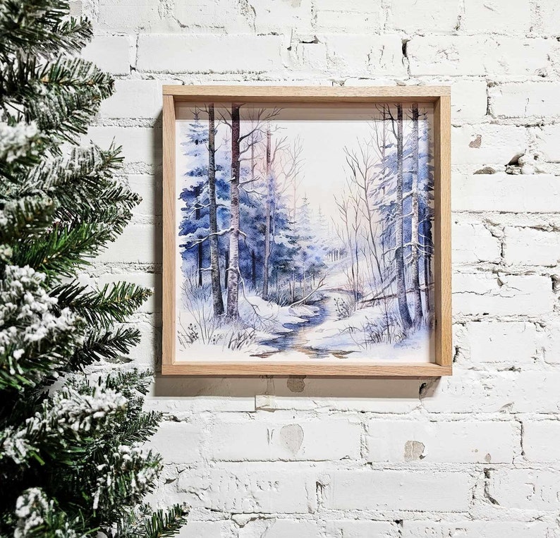 Winter Snowy Landscape Wall Art Hanging Sign, Snow Covered Trees, Trail, & Creek, Framed Canvas Wood Sign, Blue, Simple Minimal, Peaceful image 3