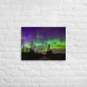 Northern Lights Canvas Print, Rustic Road & Pine Tree Silhouettes, Upper Peninsula Aurora Borealis Night Sky Art