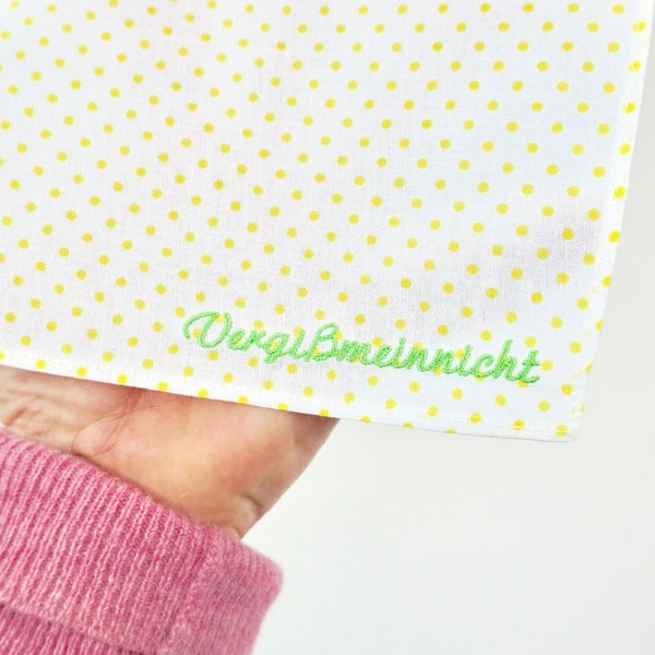 Besticktes Taschentuch, Vergißmeinnicht auf weißem Tuch mit gelben Punkten, Polkadots Einstecktuch, Abschiedsgeschenk Freundin