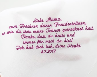 Handkerchief mother of the bride personalized with name and wedding date; Embroidered handkerchiefs fabric for a wedding for parents as a guest gift