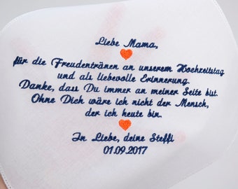 Besticktes Taschentuch Brautmutter, Gastgeschenk Hochzeitsgäste, personalisierte Taschentücher Hochzeit, persönliches Geschenk Mutter