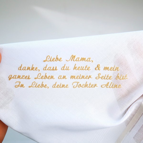 Taschentuch Brautmutter mit Name und Hochzeitsdatum personalisiert; bestickte Taschentücher Stoff zur Hochzeit für Eltern als Gastgeschenk