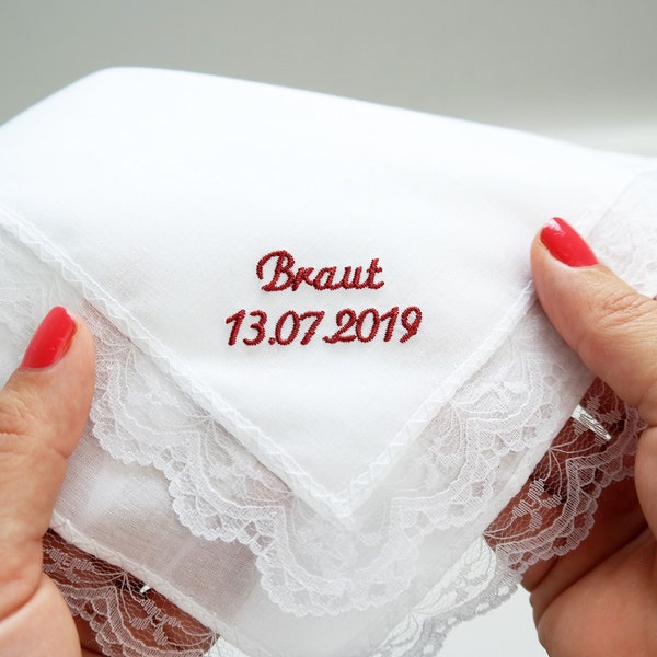 Besticktes Taschentuch für Hochzeit mit Datum; personalisiertes Hochzeitsgeschenk für die Braut; Gastgeschenk für Freudentränen; weißes Tuch