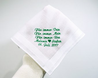 Besticktes & personalisiertes Einstecktuch o. Taschentuch als Morgengabe und Geschenk an die Braut oder den Bräutigam zur Hochzeit