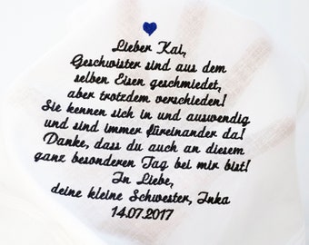 Besticktes Einstecktuch für den Bruder der Braut als Gastgeschenk zur Hochzeit ⎮personalisiertes Taschentuch aus Stoff