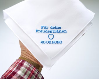 For your tears of joy, embroidered handkerchief with wedding date, wedding gift with wedding date, wedding guest gift,