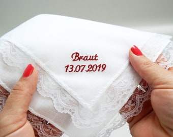 Besticktes Taschentuch für Hochzeit mit Datum; personalisiertes Hochzeitsgeschenk für die Braut; Gastgeschenk für Freudentränen; weißes Tuch
