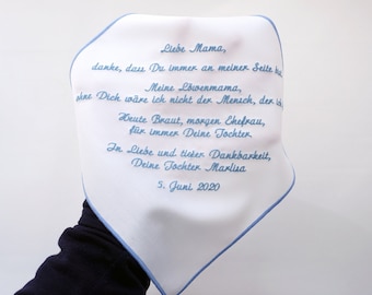 Embroidered handkerchief as a gift and thank you to mum and as a reminder of the wedding, white handkerchief