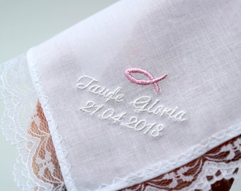 Baptism gift personalized with name of the person being baptized and date, gift for baptism, embroidered lace handkerchief white, Christian fish