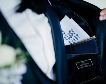 Gift groom, personalized handkerchief wedding, embroidered pocket square white blue, forever yours, forever mine