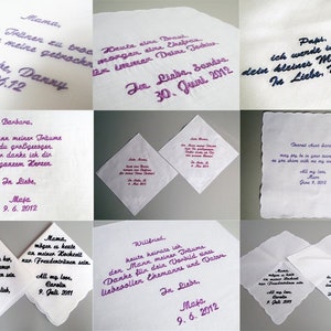 Wunschtext auf besticktem Taschentuch mit personalisiertem Text Einstecktuch mit Namen und Datum individuelle Gastgeschenke Hochzeit Bild 1