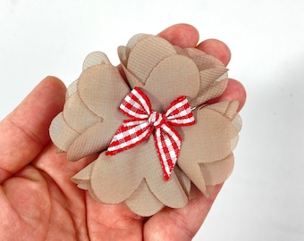 Flower hair clip brown chiffon with red/white checkered bow; Brooch; chiffon flower; Flower decorations