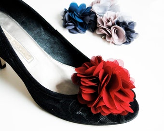 shoe clip in many colors; red clips for shoes; flowers for bridal shoes; flower hairpin chiffon; shoe flower clips; bridal shoe clips;