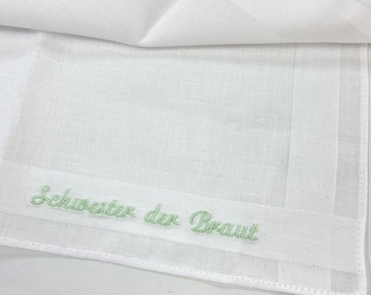 Gastgeschenk Schwester der Braut zur Hochzeit, weißes Stofftaschentuch für die Freudentränen