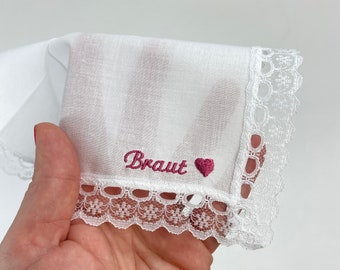 Lace handkerchief for the bride's tears of joy at the wedding, burgundy heart, white fabric handkerchief with lace