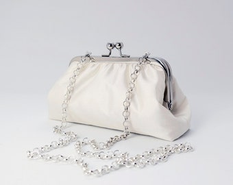 Small silk bridal bag with chain & clip closure in 50s vintage style for your retro wedding; many silk colors to choose from