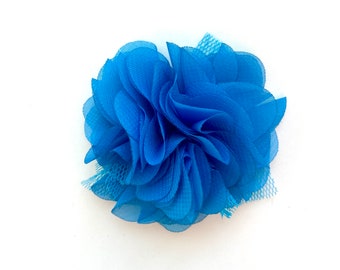 Blue chiffon flower with brooch pin, hairpin, hair clip or shoe clip on the back; gift flower girl; hair bloom; Flower brooch