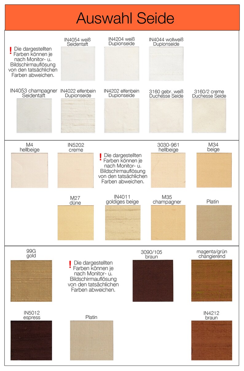 May include: A chart showing different colors and textures of silk fabric. The chart is labeled with the names of the colors and the fabric types. The colors include white, cream, beige, gold, brown, and magenta. The fabric types include Seidentaft, Dupionseide, Duchesse Seide, and Platin.