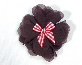 Flower hair clip brown chiffon with red/white checkered bow; Brooch; chiffon flower; Flower decorations