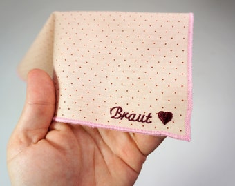 Besticktes Taschentuch für die Freudentränen der Braut zur Hochzeit, Geschenk mit Herz, Polka Dots, rosa Stofftaschentuch