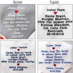 Wunschtext auf besticktem Taschentuch mit personalisiertem Text Einstecktuch mit Namen und Datum individuelle Gastgeschenke Hochzeit Bild 5