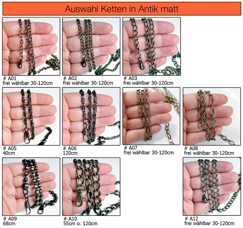 May include: Assortment of antique gold chains in various styles and lengths. The chains are held in a hand and displayed against a white background. The chains are labeled with numbers and descriptions, including "# A01 frei w&auml;hlbar 30-120cm" and "# A05 40cm".