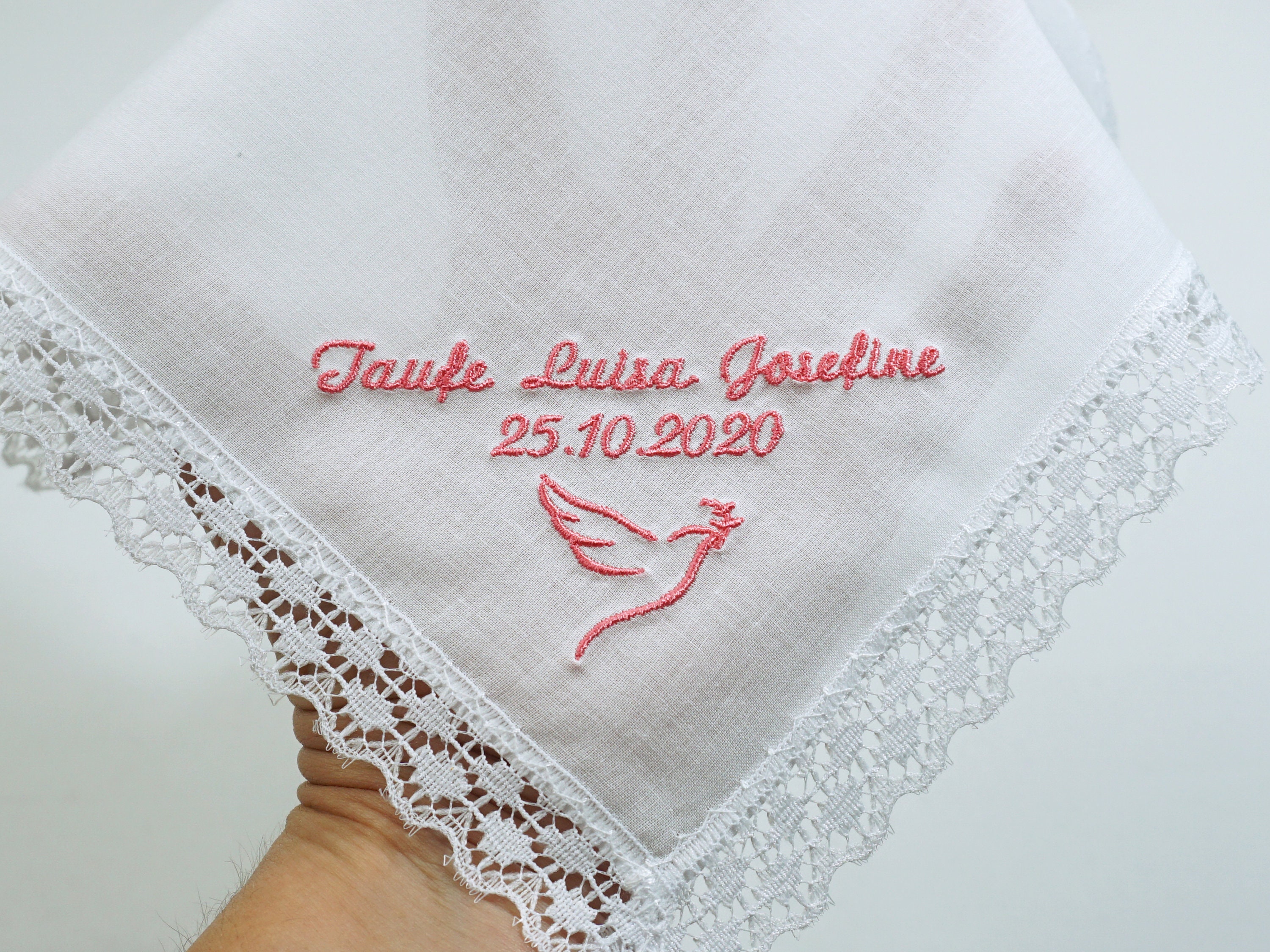 Fazzoletto Da Battesimo Ricamato Personalizzabile - Con Colomba, Lino E Cotone - Foto 7