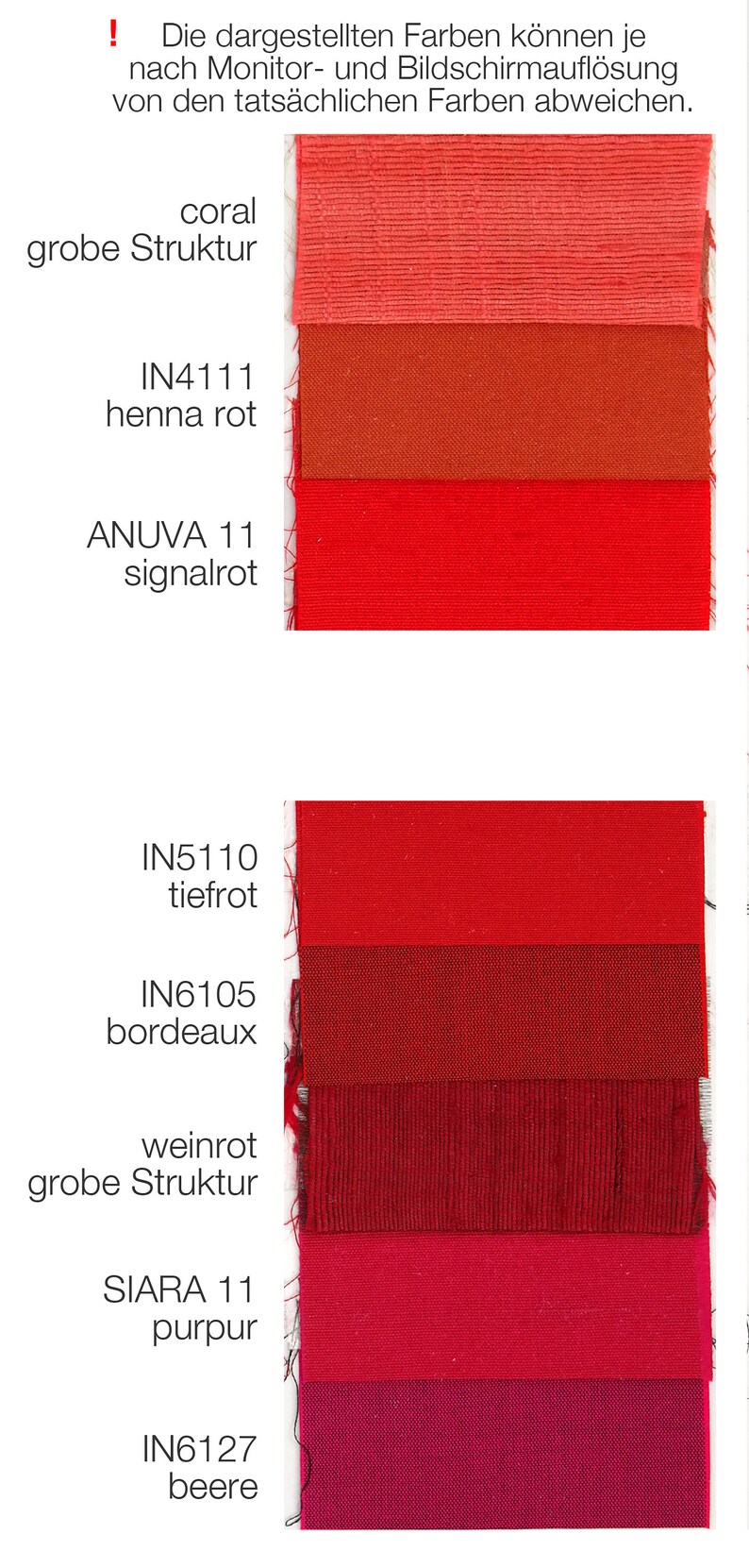 May include: Swatch card with 10 fabric samples in shades of red, pink, and burgundy. The fabric samples are labeled with color names and product codes, such as "coral", "henna rot", "tiefrot", "bordeaux", "weinrot", "purpur", and "beere".