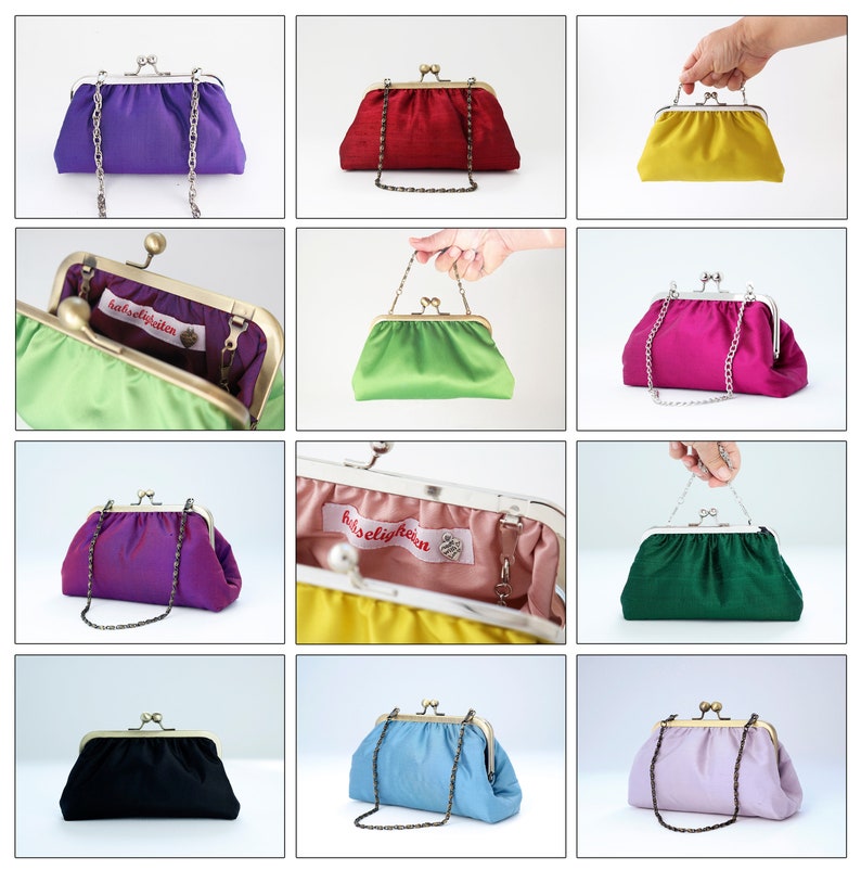 May include: Ten different colors of small, satin clutch purses with a metal clasp and chain strap. The purses are all closed and arranged in three rows of three purses each.