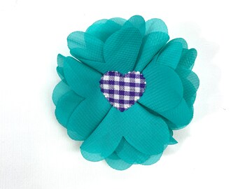 Flower brooch chiffon with purple/white checked heart; brooch aqua; Chiffon flower aqua green; Flower decorations Oktoberfest; Flower brooch