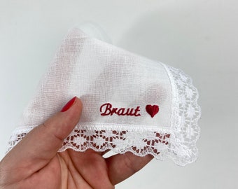 Lace handkerchief for the bride's tears of joy at the wedding, red heart, white fabric handkerchief with lace